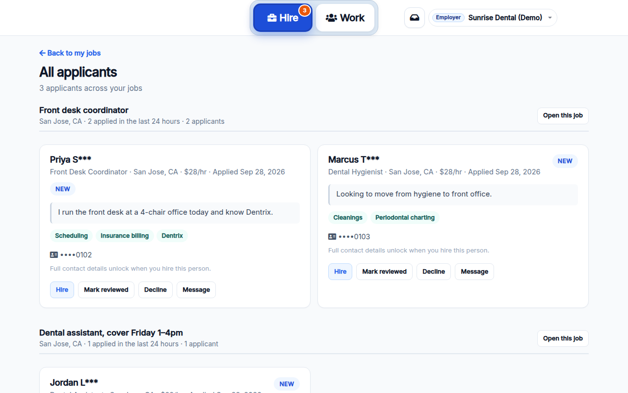 All applicants page grouped by job with Hire, Mark reviewed, Decline, and Message buttons