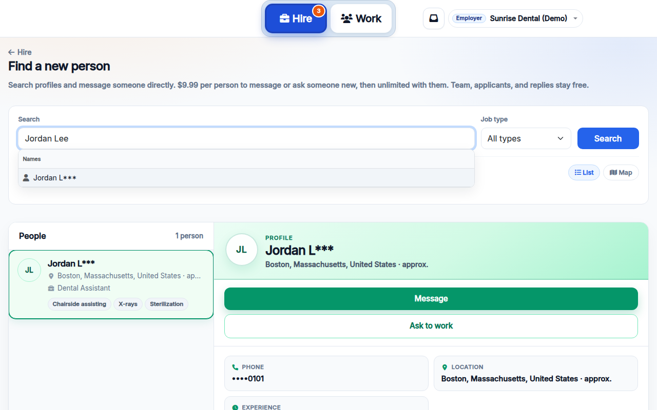 Find a new person search with a profile open and Message and Ask to work buttons