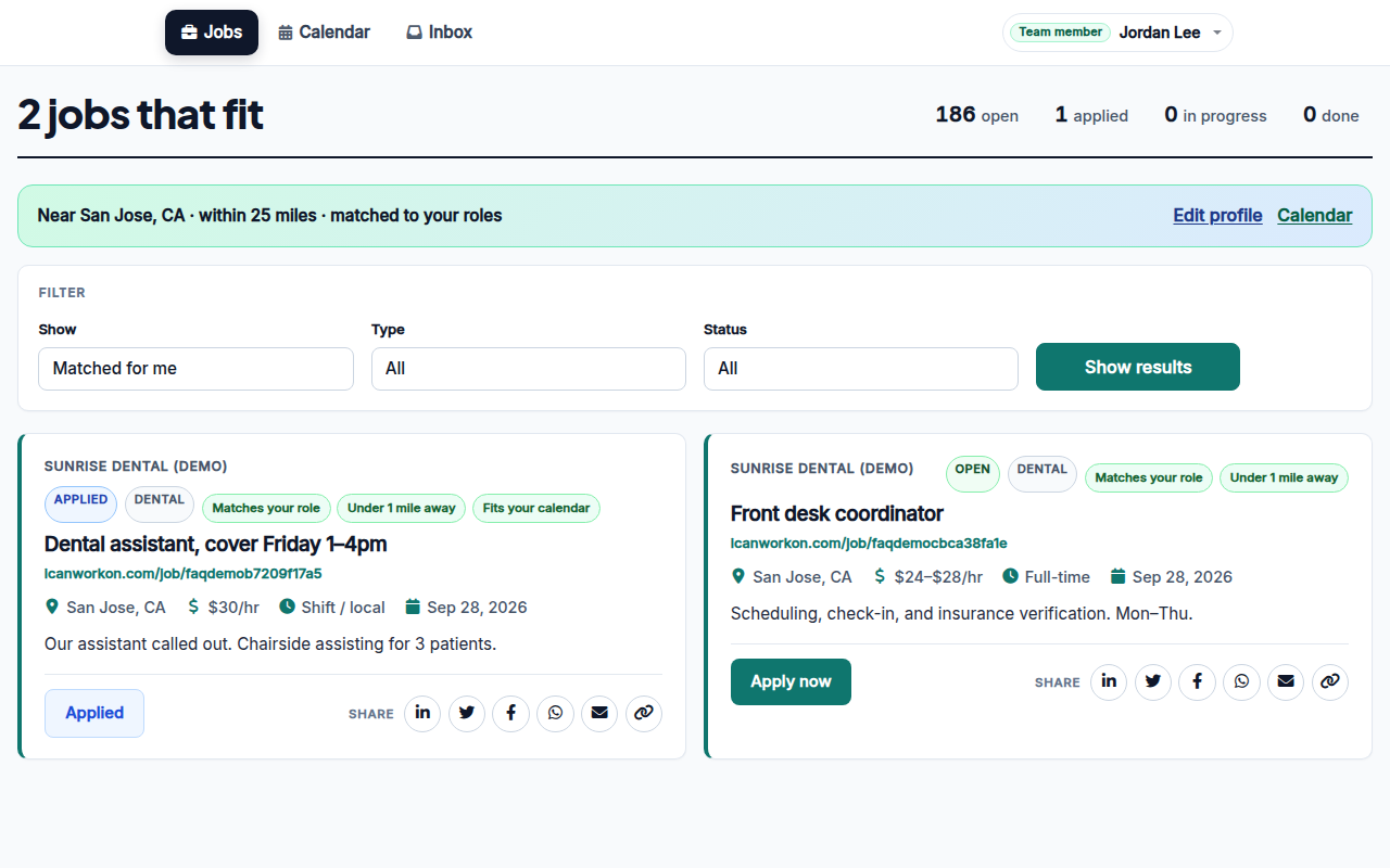 Jobs that fit page with matched jobs, match tags, and Apply now button
