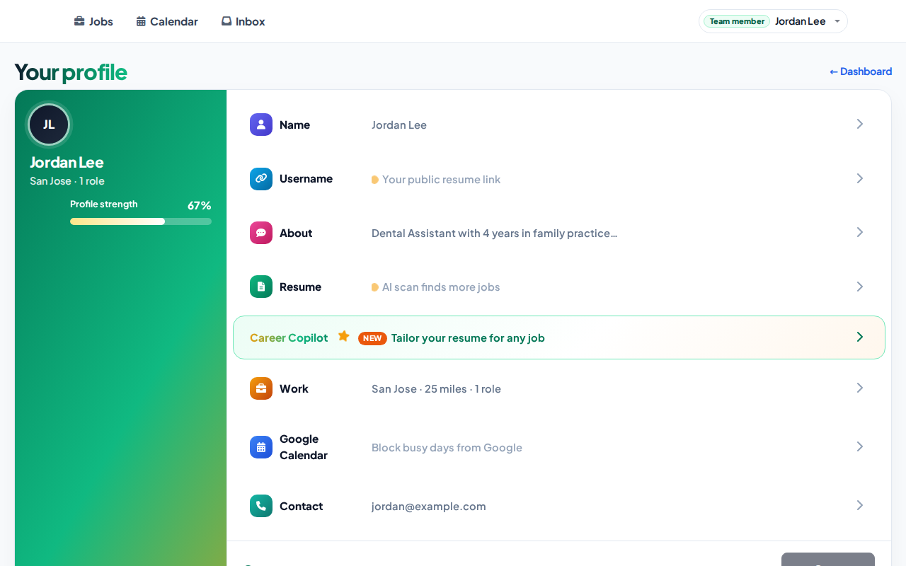 Your profile page with profile strength, resume, and Career Copilot