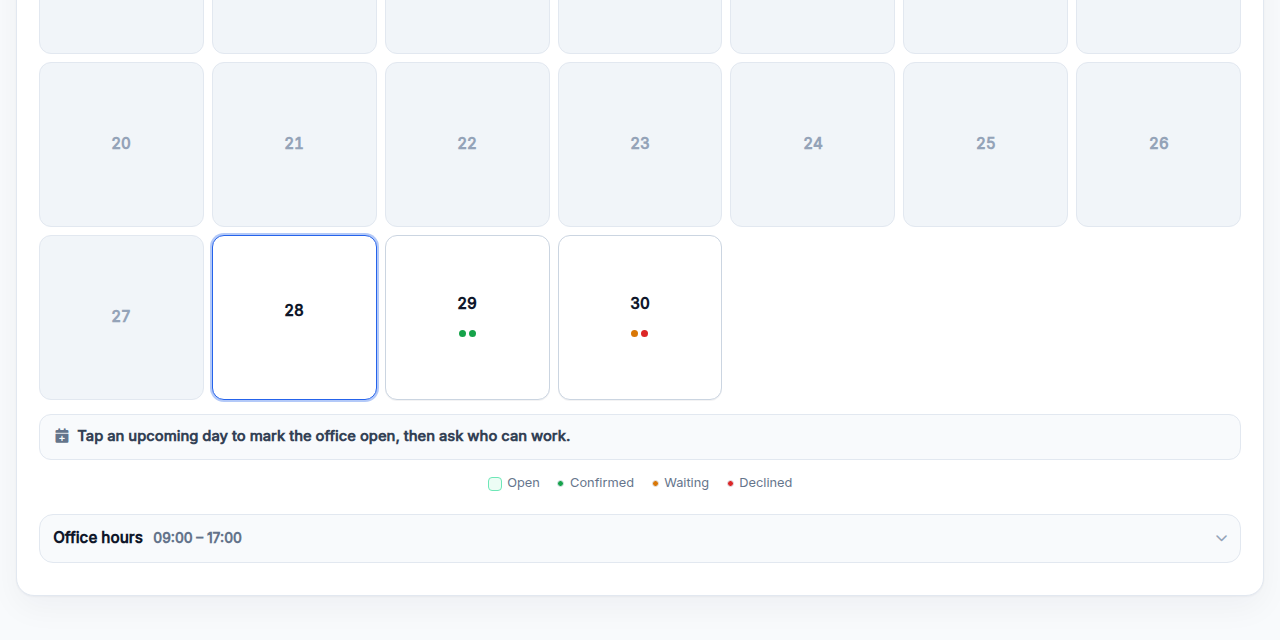 Work schedule with confirmed, waiting, and declined dots and office hours